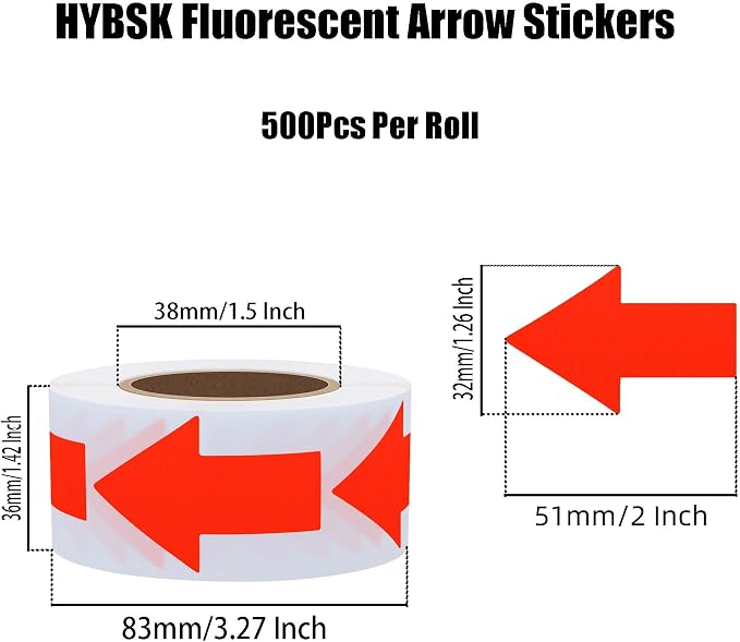 Hybsk Arrow Stickers Bright Eye-Catching Versatile Arrow Signs for Office Marking Plans Total 500 Labels Per Roll (Fluorescence Red)