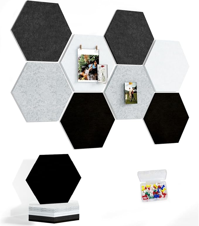 8 Pack Hexagon Felt Bulletin Board Tiles - 11.8" Large Thick Pin Board for Walls with 30 Push Pins, DIY Boards for Office Home School Decor, Aesthetic Hex Cork Board Alternative