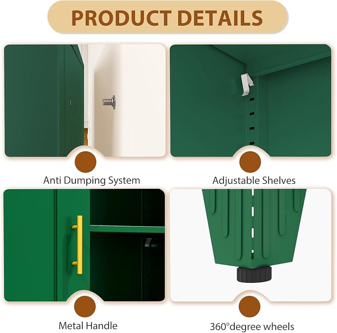 36" Metal File Storage Cabinet with Lock,Steel Locker Organizer, Office File Cabinet with 2 Doors and 2 Adjustable Shelves,Outdoor Tool Garage Cabinets for Home Office,Gym,School,Warehouse(Green)