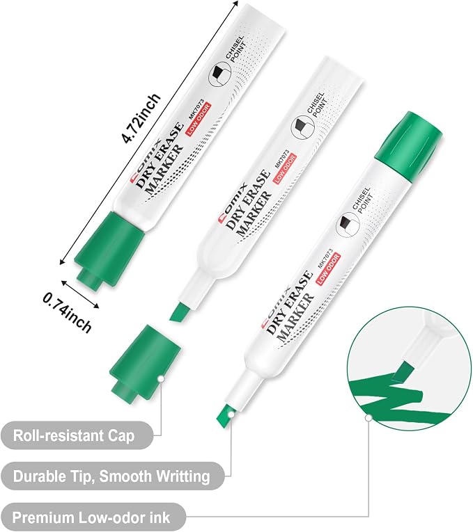 Comix Dry Erase Marker, Chisel Tip Whiteboard Markers, 36 Count Green Color | Low Odor, Non-toxic, Smooth Writing, Easy to erase, Suitable for Classroom, Teachers, Office, School Supplies