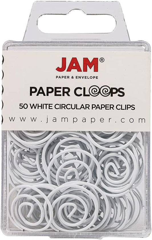 JAM PAPER Circular Paper Clips - Round Paperclips - White - 50/Pack