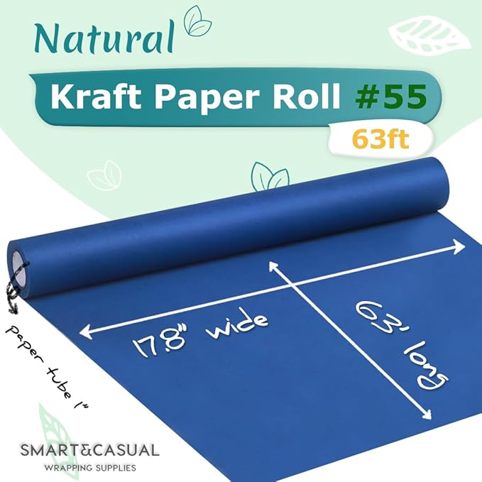 SMART&CASUAL 17.8" x 760" (63') Blue Kraft Craft Paper Roll for Gift Wrapping Bulletin Board Bouquet Flower Kids Art Packing Parcel Table Covering 80GSM 55LB (Blue, 17.8" x 63')