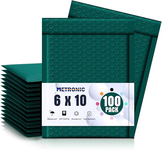 Metronic Bubble Mailers 6x10 Inch 100 Pack Forest Green Usable Size 6x9" Padded Envelopes Self-Sealing Bubble Mailer Perfect for Christmas Gift Packaging, Shipping, Mailing, Small Business Bulk