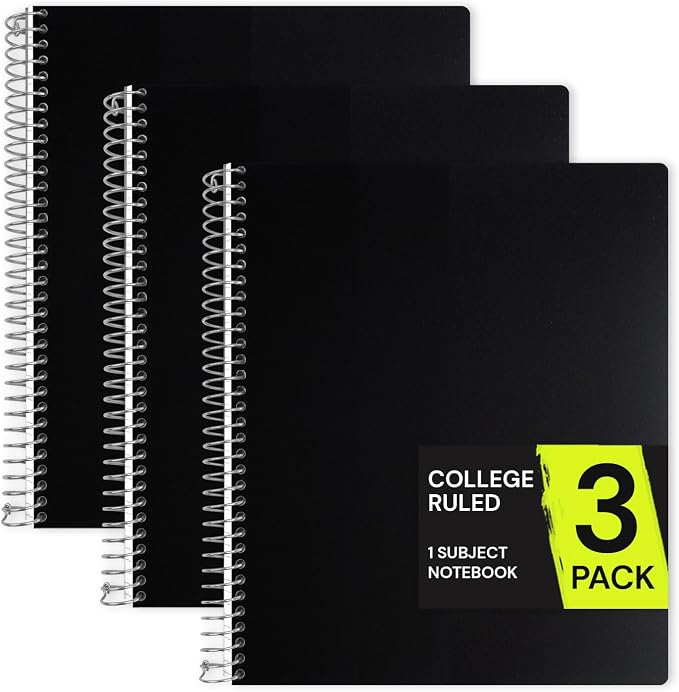 ONAVIA 1 Subject Spiral Notebook College Ruled 3 Pack, 200 Pages, Black | 100 Sheets, 9 x 11 in, Waterproof Plastic Cover, Durable, 3-Hole Punched, Divider, Double-Sided Pocket, Study