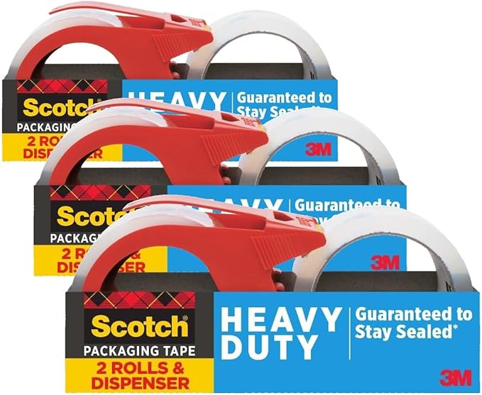 Scotch Heavy Duty Shipping Packaging Tape, 1.88 x 54.6 yd, 3" Core, Clear, Great for Packing, Shipping & Moving, 2 Rolls with Dispenser (3850-2-1RD) (Pack of 3)