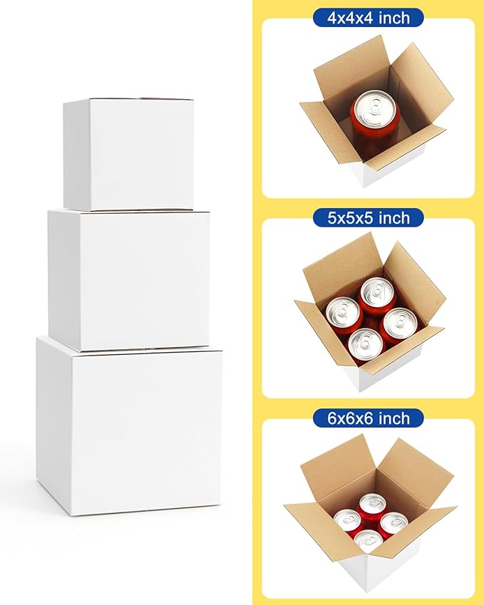 Assorted-Sizes-Shipping-Boxes-45-Pack: 4x4x4 & 5x5x5 & 6x6x6 Small-Shipping-Boxes-Mailers, White Corrugated-Cardboard-Boxes-for-Packing-Small-Business Mailing