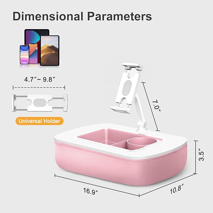 Tablet Pillow Stand for Lap Use with Snack Bowl and 360° Rotating Arm, Adjustable iPad Holder for Bed, Couch, and Recliner, Compatible with 4.7"-13" Kindle, iPad, Tablet, Phone,Pink