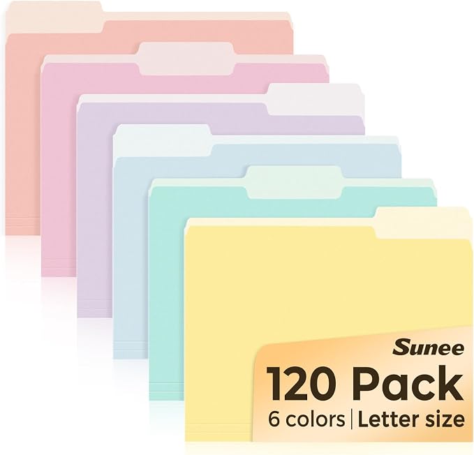 SUNEE File Folders, 120 Pack Manilla Folders 8.5 x 11, Colored File Folders Home Office School Supplies for Documents Files Paper, 6 Soft Colors