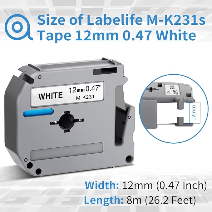 20 Pack Labelife M-K231 Replace for Brother P Touch M Tape 12mm 0.47 White | M-K231s MK231 Label Tape M231 M-231 Compatible with Brother Ptouch Model PT-65 PT-M95 PT-85 PT-75 Label Maker Refills