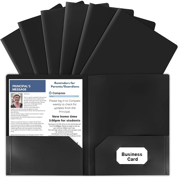 6 Pack Black File Folders with Pockets, Letter Size Plastic 2 Pocket Folder | Business Card Slot, Folders for Documents, Office Filing Cabinet Folders, School Supplies, for College Students