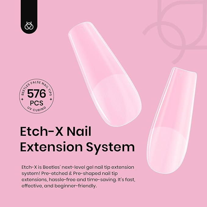 Beetles Gel Nail Tips Medium Coffin 576PCS Etch X Nail Tips, 12 Sizes Pre Shaped Half Matte Press On Nails Full Cover False Nails Acrylic Nails Glue on Nails Extensions Set for Women Home DIY