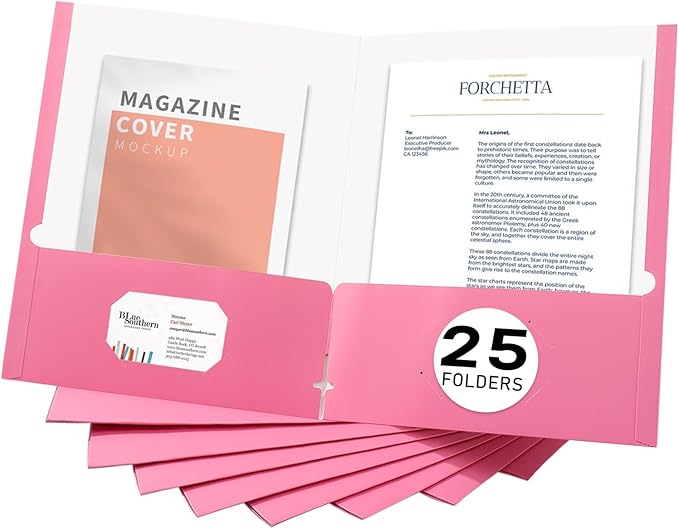 Zzrywuty File Folders with Pockets Letter Size 25-Pack Paper Folders with Card Slot,Pink Two Pocket Folders for School Students,Businessmen,Home and Office Workers