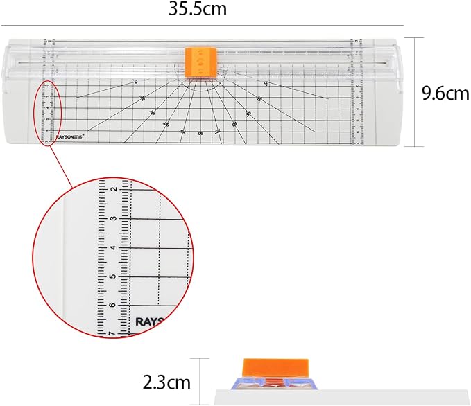 Rayson Paper Cutter Trimmer, A4 Size, 12" Craft Cutter, White | A4 12" paper trimmer for coupons, craft paper, photos and DIY projects; compact white design.