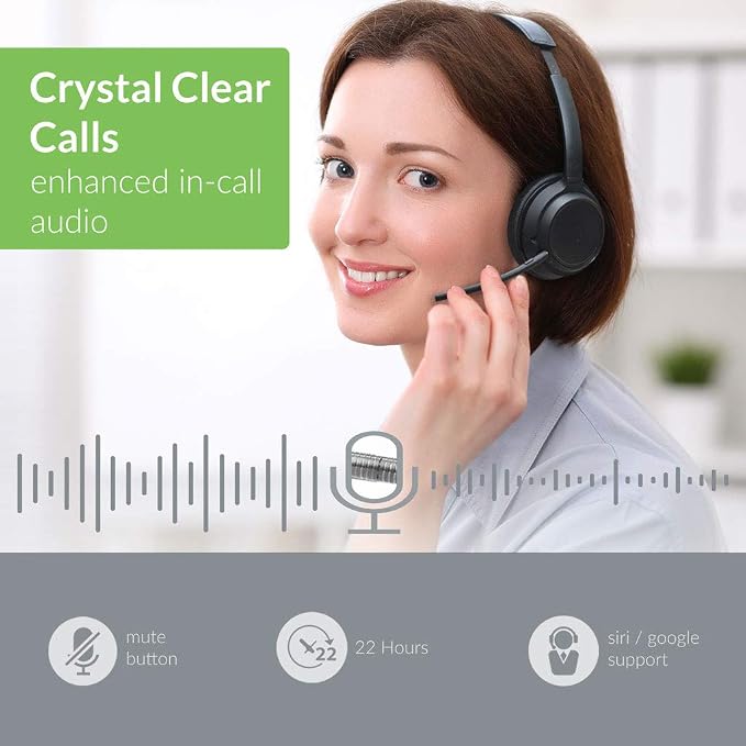 Avantree AH6B - Bluetooth Headset with Detachable Microphone | Lightweight on-ear headset for office or home with 22-hour battery, soft.