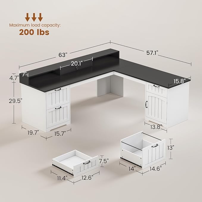 SEDETA Farmhouse 63" L Shaped Desk with Drawers and Storage Cabinet | Office Desk with File Drawers, Wood Corner Computer Desk with Storage, Home Office Desk with Monitor Stand,Black and White