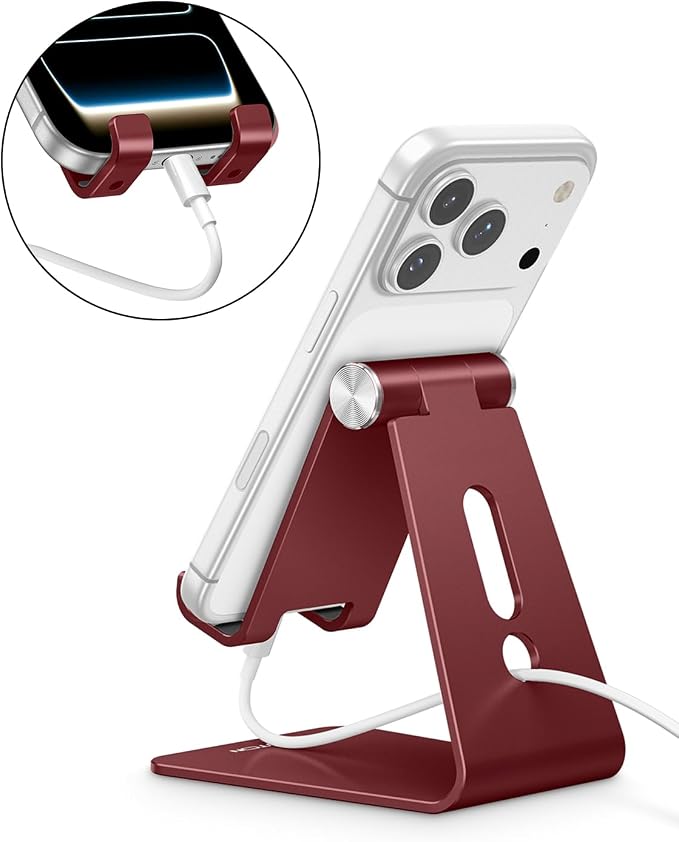 OMOTON C2 Adjustable Cell Phone Stand with Charging Cutout, Cherry Red | Sturdy 3mm Aluminum, Charging Port, 270° Adjustable, Non-Slip Silicone Pads, Works with Thick Cases, for All Smartphones