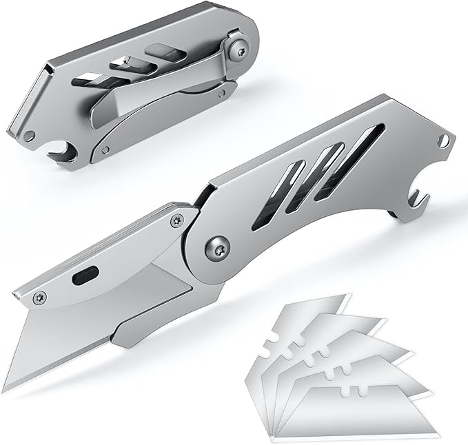 Folding Utility Knife EDC Quick Change Razor Knife Box Cutter with 5PC SK5 Razor Blades work knives keychain suitable for daily cutting