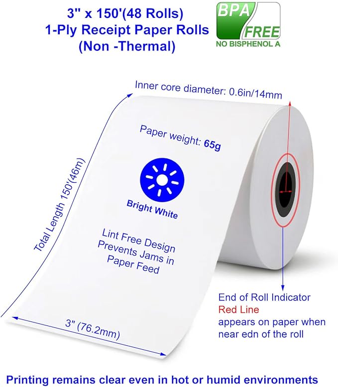 Star SP700 Kitchen Printer Paper (48 Rolls) 3" x 150' 1 Ply Bond (Non -Thermal) Receipt Paper POS Cash Register Paper for TMU200 SRP275 from 3000LABELS DIRECT