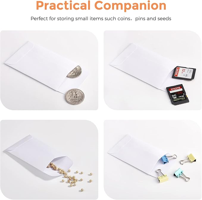 ACSTEP #1 Coin Envelopes 2 1/4 x3 1/2, White Seed Envelope with Gummed Flap, Tip Envelopes for Cash, Small Envelopes for Garden and Office Use, White, 500PCS