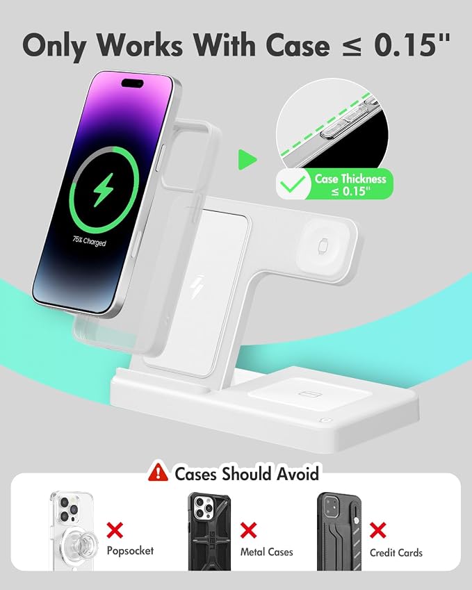 GETPALS Wireless Charger iPhone Charging Station for Apple Multiple Devices | 3 in 1 Charger Stand for iPhone 17 Pro Max 17e 16 16e 15 14 13 12 & Watch Series 11-2 SE Ultra & Airpods 4 3 Pro, White