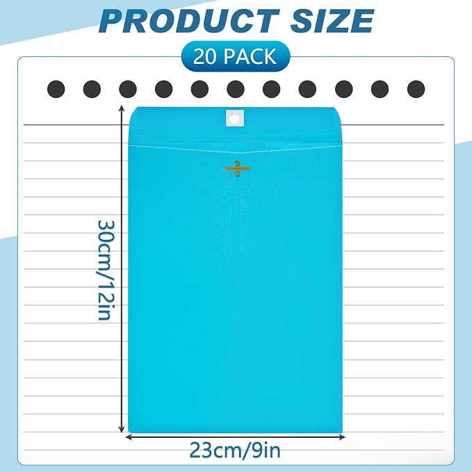 Geyee 20 Pcs 9 x 12 Inch Clasp Envelopes Letter Size Mailing Envelopes with Clasp Closure for Filing Storing Documents Office Home Business School (Blue)