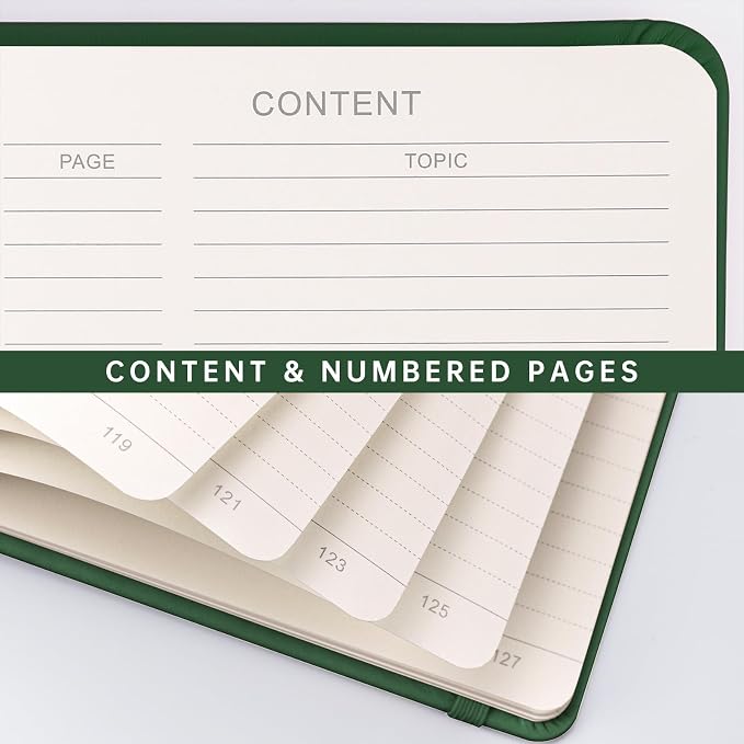 AHGXG Lined Journal Notebook, 192 Numbered Pages, A5 Size (5.7'' x 8.3'') | for Men & Women, Journaling, Writing, Work & Office, Leather Hardcover, 100 GSM Thick Paper (Dark green)