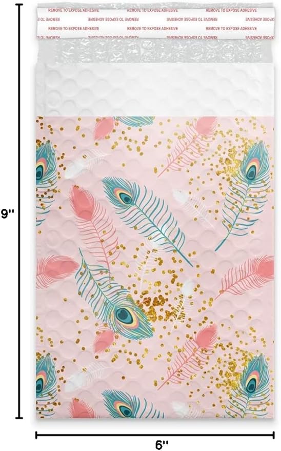 #0 6x9 (20pcs) Pink Peacock Designer Self Seal Poly Bubble Mailers Shipping Envelopes Padded Bags