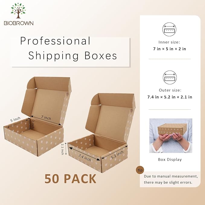 BIOBROWN 7x5x2" Small Shipping Boxes 50 Pack, Kraft Dots Corrugated Cardboard Mailer Boxes Bulk for Packaging Small Business Mailing Gift