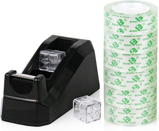 BOMEI PACK Tape Dispensers Desk, 1 Pack Black with 6Rolls Transparent Tape Refills, 1 Inch Core, for Gift Wrapping, School, Office and Home