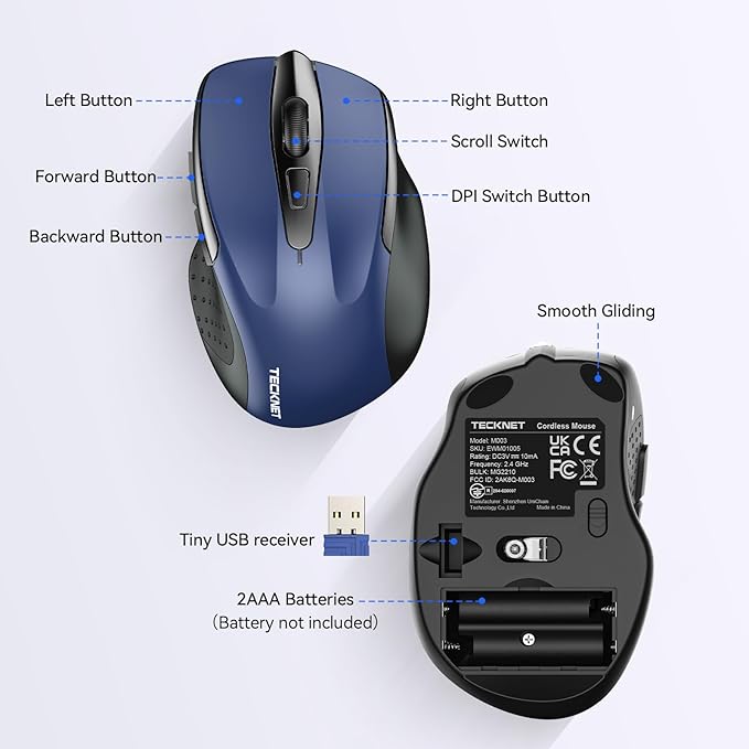 TECKNET Wireless Mouse for Laptop, Silent Mouse Quiet Click, Computer Mice Wireless, 6 Adjustable 4000 DPI Computer Mice