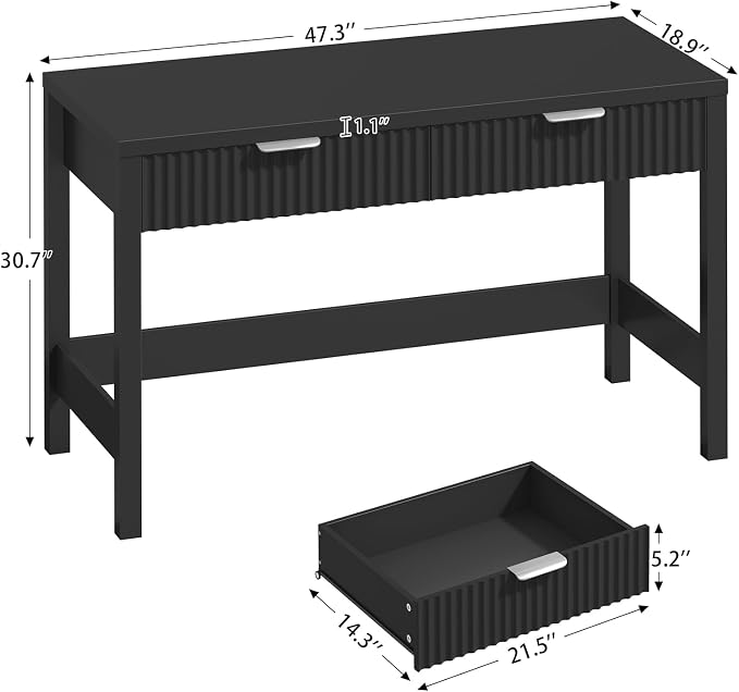47 Inch Small Fluted Computer Desk with 2 Drawers for Bedroom, Home Office | Small Computer Desk with Storage, Compact Writing Study Vanity Desk for Small Spaces, Black