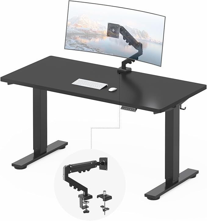 FLEXISPOT EN2 55''x28'' Standing Desk with Monitor Mount Bundle, 1" Thick One-Piece Desktop, Fully Adjustable Single Monitor Arm with Cable Management, Bundle for Home Office, Gaming & Study, Black