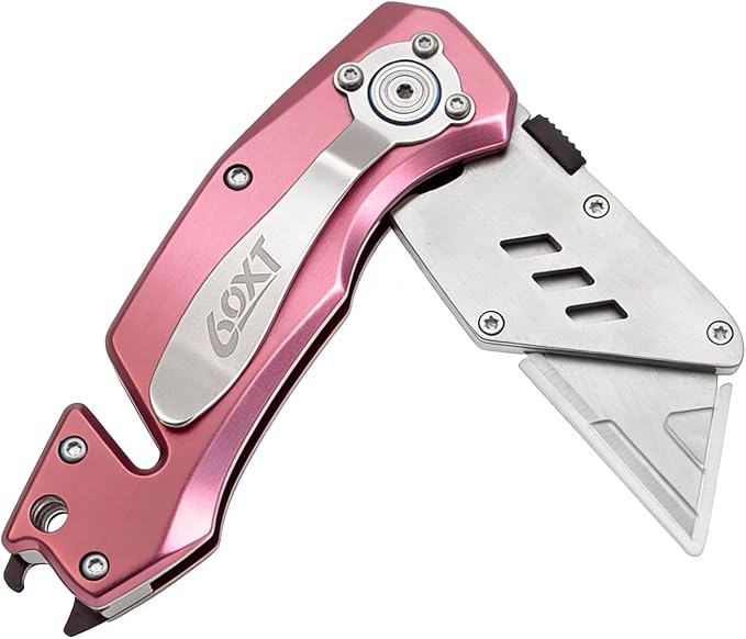 Utility Knife Folding Safety Lock Quick Change with 10 Extra SK5 Replacement Blade Lightweight Aluminum Handle & Pocket Clip Multi-Use Box Cutter Office Home Art Diy Great Gift Choice (UPG.V.Pink)
