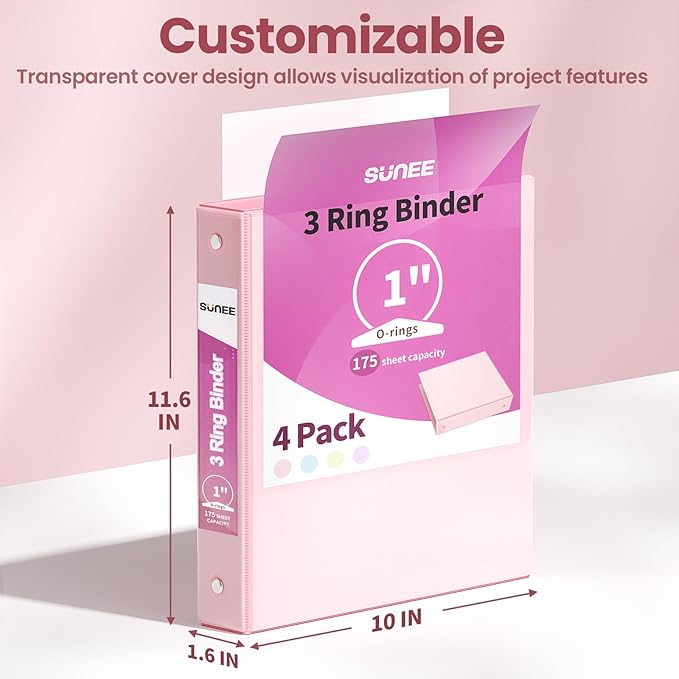 SUNEE 3 Ring Binder 1 Inch 4 Pack, Clear View 1" Binders Three Ring PVC-Free (Fit 8.5x11 Inches) for School or Office Supplies, Pink