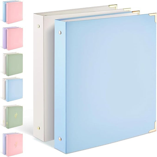 Sooez 2 Pack 3 Ring Binder with Metal Corners, Cute 1 Inch Binders Fits 175 Sheets of Paperwork, Three Ring Recipe Binder with Pocket for Women School Office Supplies, 8.5" x 11", Light Blue & Beige