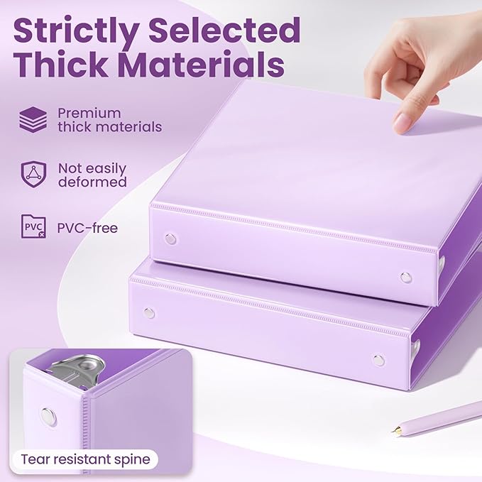 SUNEE 3 Ring Binder 1.5 Inch 2 Pack, Clear View Binder Three Ring PVC-Free (Fit 8.5x11 Inches) for School or Office Supplies, Purple