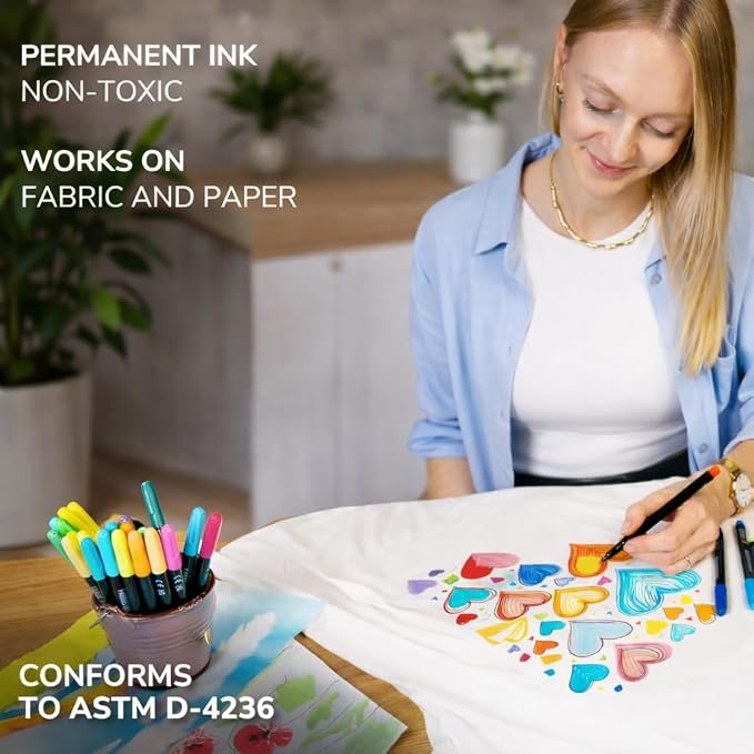 Zenacolor 32 Fabric Markers Pens - Non Toxic, Indelible and Permanent Fabric Paint Pens - Fine Point Tip Textile Marker Pen