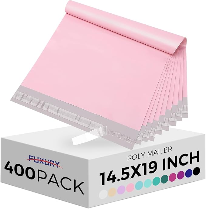 Fuxury Poly Mailers 14.5x19 Inch 400 Pcs Bulk Shipping Bags for Clothes, Strong Adhesive Shipping Mailing Envelopes, Self Sealing Mailers Poly Bags for Business, Light Pink