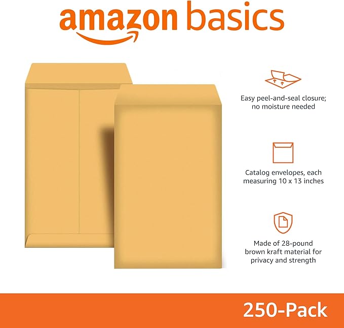 Amazon Basics Catalog Mailing Envelopes,Peel and Seal,10x13 Inch,Brown Kraft,250 Count (Pack of 2)