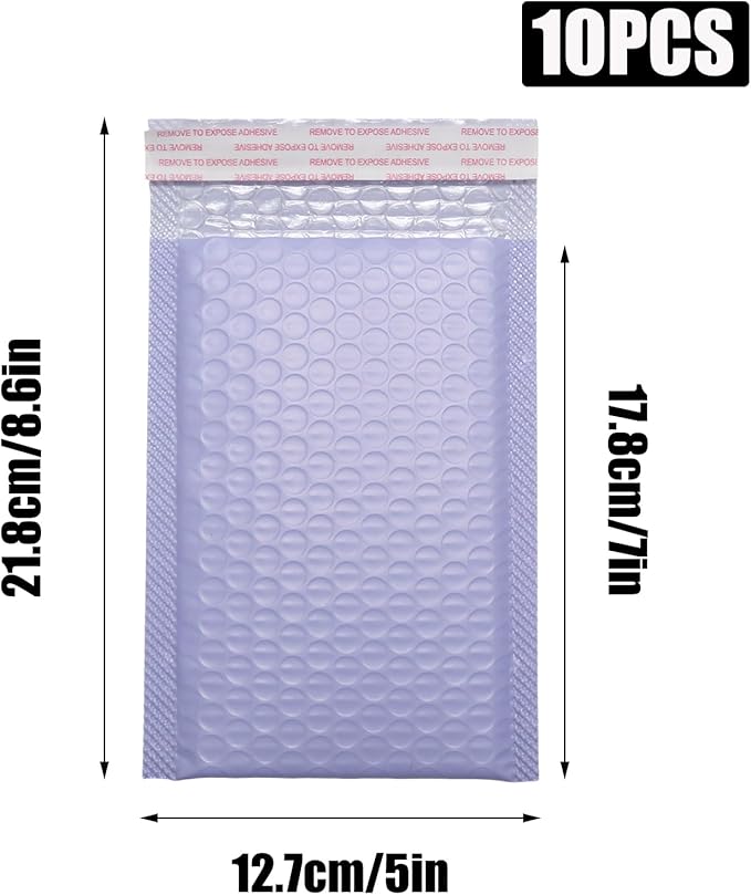 5x7 Inch Self Seal Adhesive Poly Bubble Mailers 10 Pcs Light Purple Waterproof Shipping Bags for Mailing Packaging