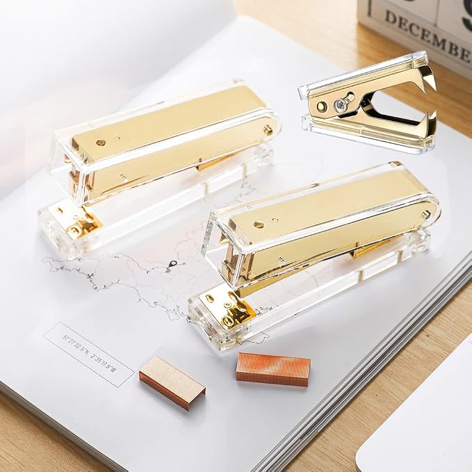 Acrylic Gold Tape Dispenser & Desktop Stapler, Includes Staple Remover, Tape, 1000pcs Staples - Cute Office Stapler Set for Modern Design Desk Accessory Kit