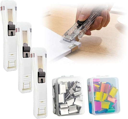 Portable Binder Clip Stapler, 2026 New Portable Office Tool, Durable Desk Organizer for Study Room, 100 Metal Refill Clips (50 Silver + 50 Color) for Home (3, White)