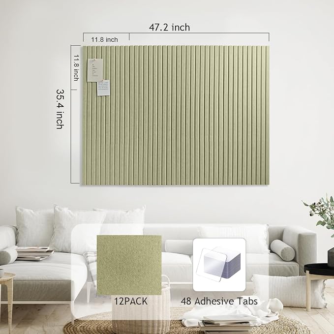 48" x 36" Large Felt Bulletin Board 1/2" Thick, Sage Green | 12 Pack Felt Tiles, Cork Board Alternative, 60 Adhesive Tabs, Pin Board for Home Office Decor with Easy Install