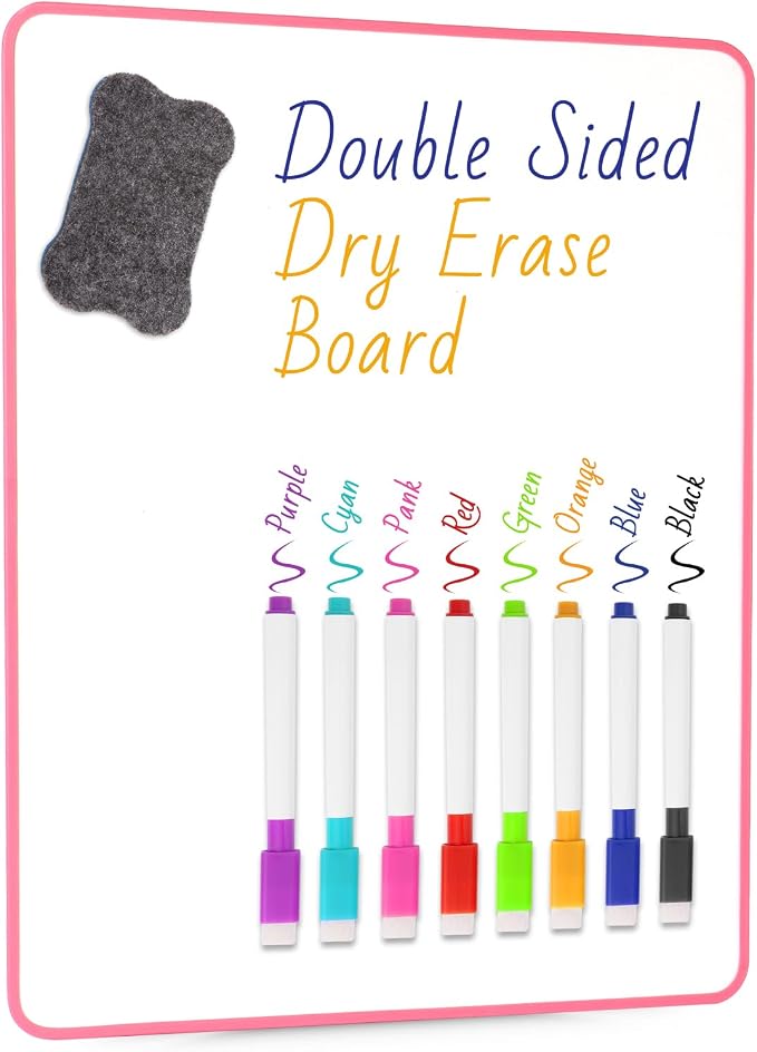 Small White Dry Erase Board Double Sided，Small Dry Erase Board 14x11 Inch,Mini White Board with 8 Markers for Students Office Kitchen Pink