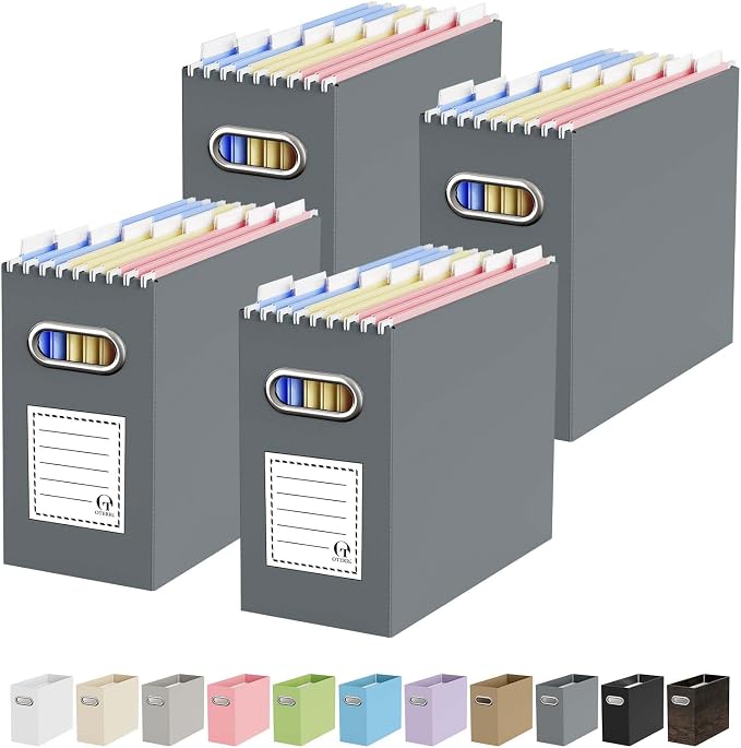 Portable Collapsible Cardboard File Box with Handle for Letter-Size | 4-Pack. Stainless Steel Handle. Label Stickers Included. Fits Letter Folders (Not Included). Home, Office, School, Dorm, Tax.