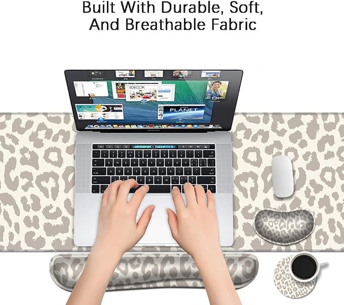 MIBITRI Keyboard Mouse Pad Set, Extended Gaming Mouse Pad+Ergonomics Keyboard Wrist Rest Support, Memory Foam, Easy Typing Pain Relief, 4Pcs XXL Ultra Thick Desk Mat, Leopard Print