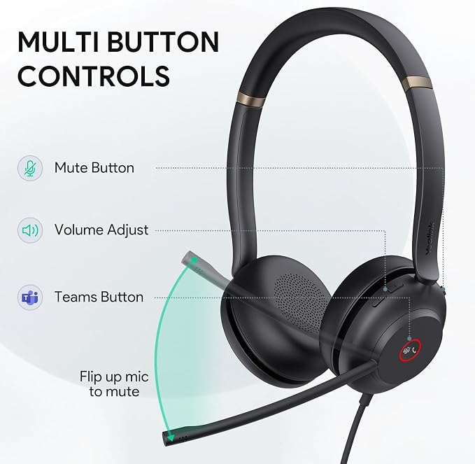 Yealink UH37 USB Headset with Noise Cancelling Mic Wired Headphone for PC | Stereo USB-C/A Computer Headset with Microphone for Office Call Center Teams Certified Works with Zoom Other UC Platforms