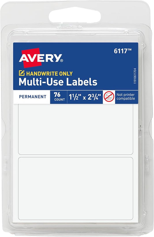 Avery® Multi-Use Permanent Labels, 1.5" x 2.75", White, Non-Printable, 76 Blank Labels Total (6117)