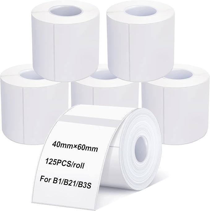Thermal Labels Maker Tapes for B21/B3S/B1 Printer 1.57" X 2.36" (40 X 60mm) | 125 Labels/Roll,Multi-Purpose Adhesive Labels Sticker Paper for Home Office Small Business Address School,6 Rolls White