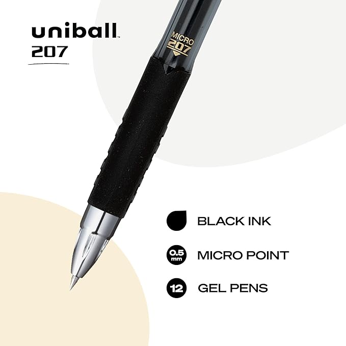 Uni-Ball® 207â„¢ Retractable Fraud Prevention Gel Pens, Micro Point, 0.5 mm, Black Barrels, Black Ink, (Pack of 12)